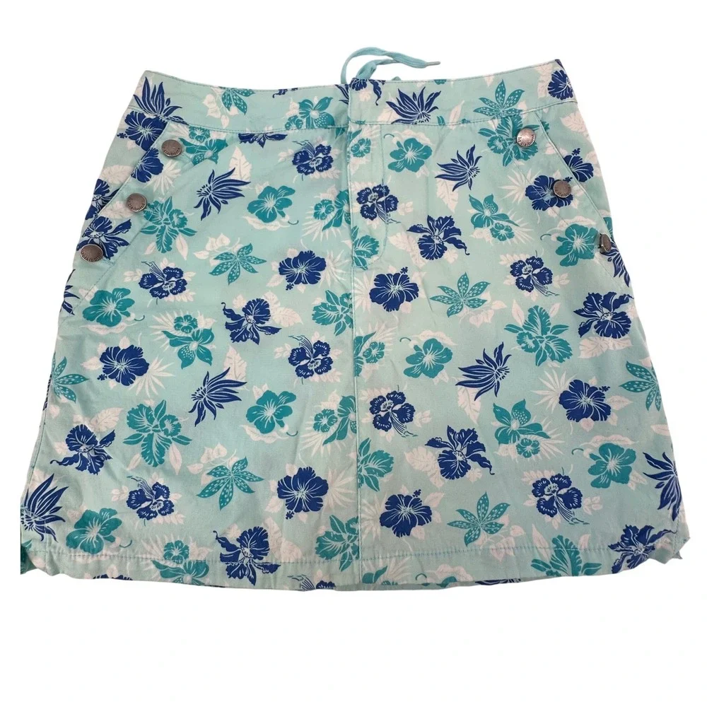 Liz Claiborne Floral Skort L Blue Denim Corset Back Tropical Casual Coastal - Picture 1 of 11